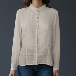 DRESS U by SHARON White Ruffle Mandarin High Neck Pleated Button-Up Blouse